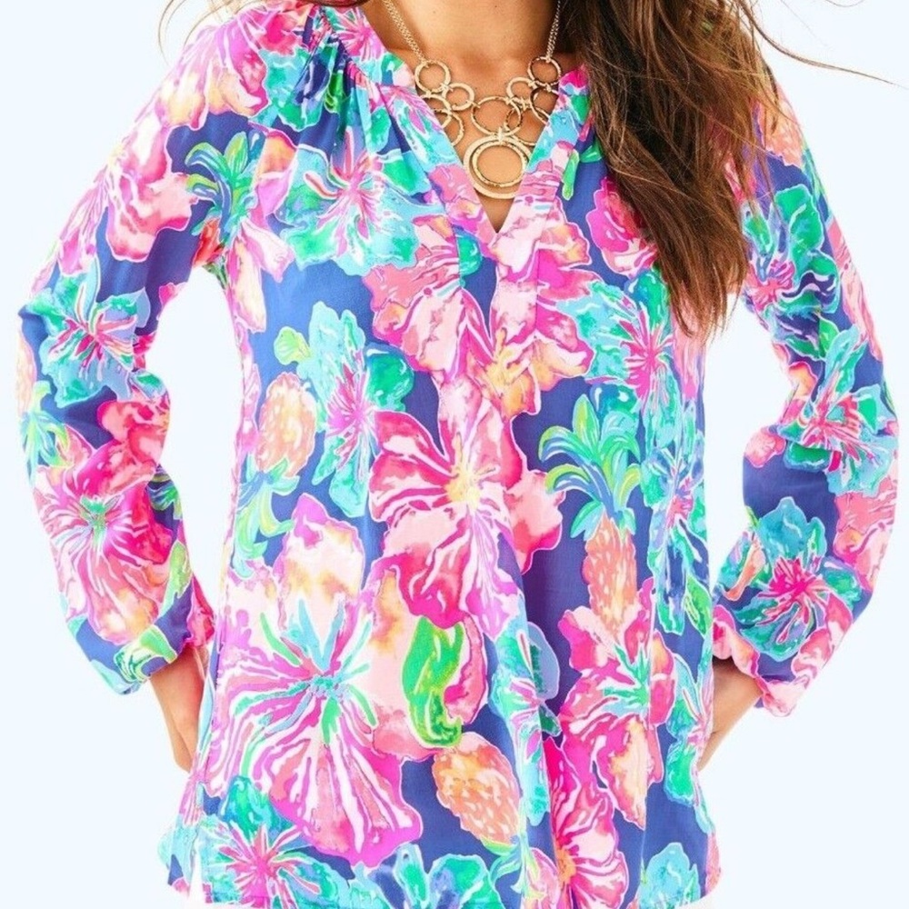 Lilly Pulitzer Vibrant Floral Blouse - Pink, Blue, Green